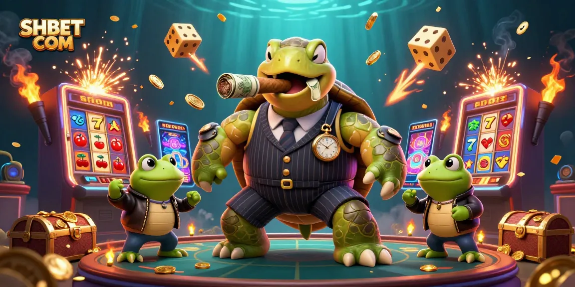 Engage with thrilling casino action at SHBET COM, featuring a cartoon turtle and bullfrog enforcers in a vibrant gaming scene.