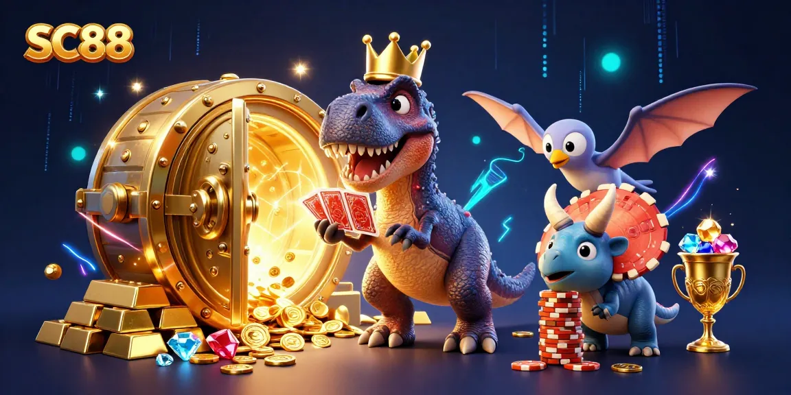 SC88 showcases a vibrant T-Rex shuffling cards surrounded by rich casino elements, creating excitement.
