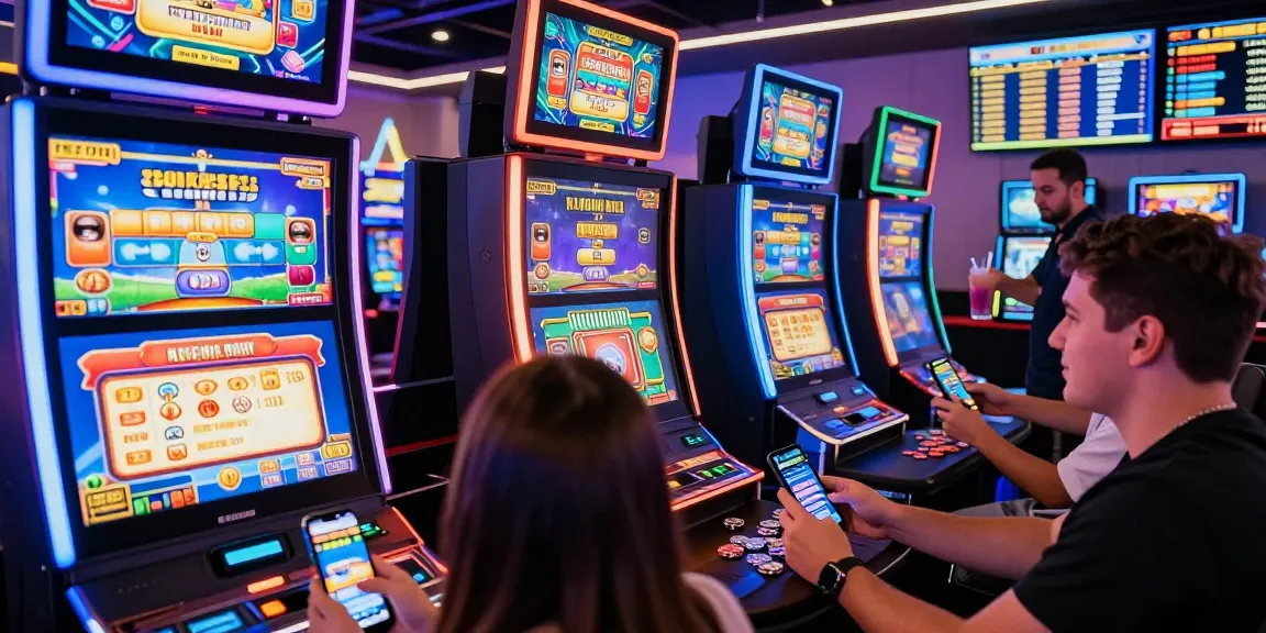 Players enjoying cocomaya bonus buy slots in a vibrant casino with neon lights and gaming excitement.