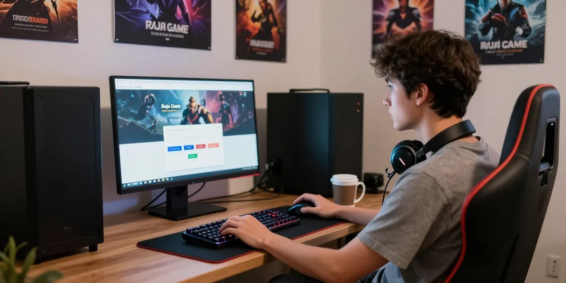 Experience the Raja Game login process in a cozy gaming environment featuring a focused user at a computer desk.