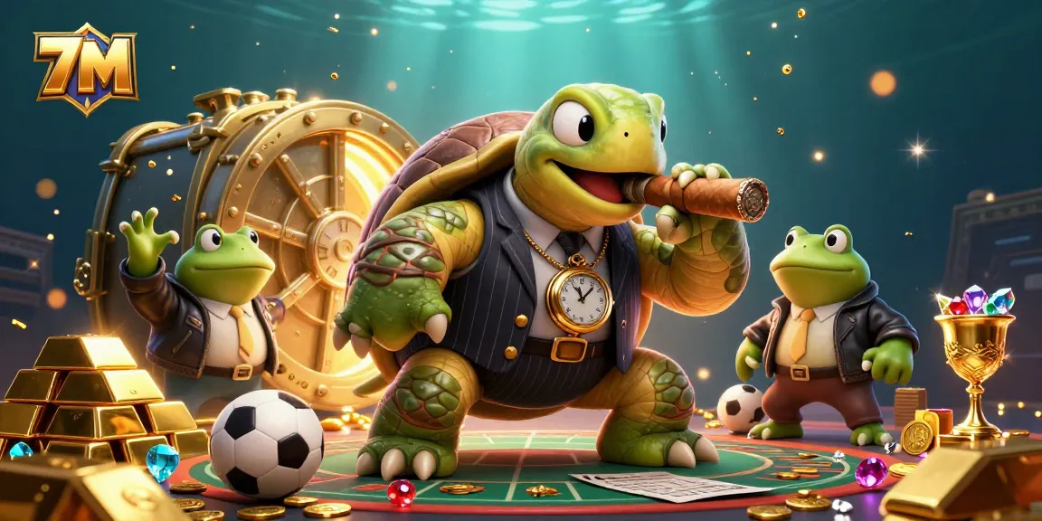 7M sports betting scene featuring a playful turtle and bullfrogs around gold treasures.