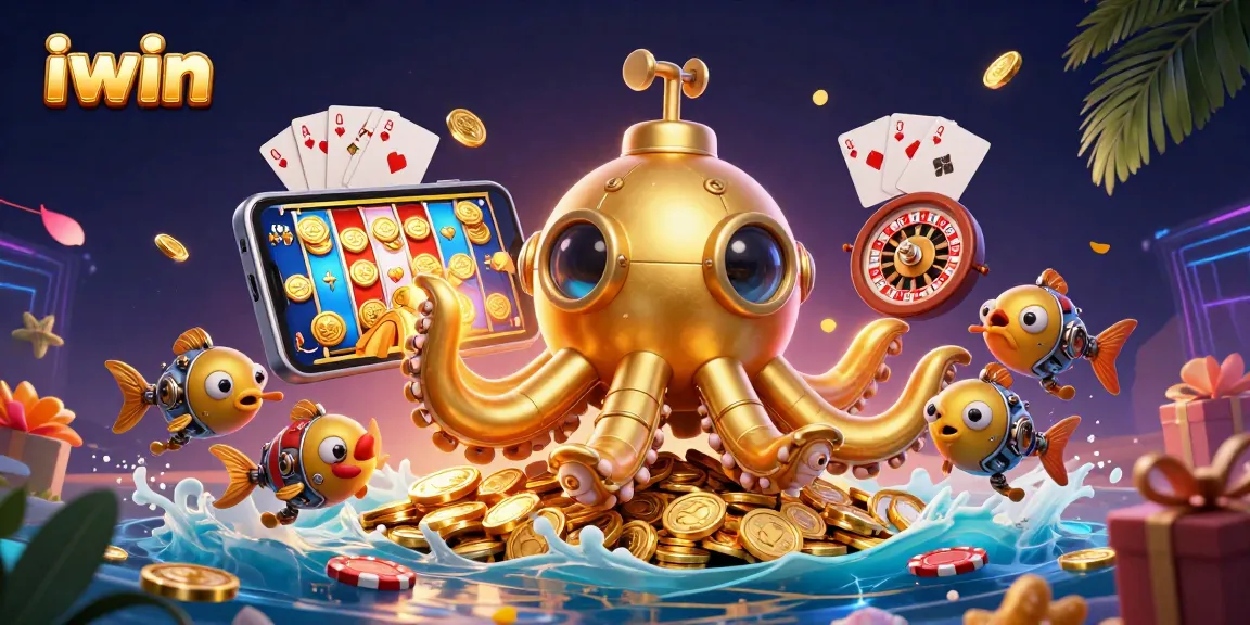 Play iwin with a golden kraken submarine amidst a treasure of coins and exciting slot elements.
