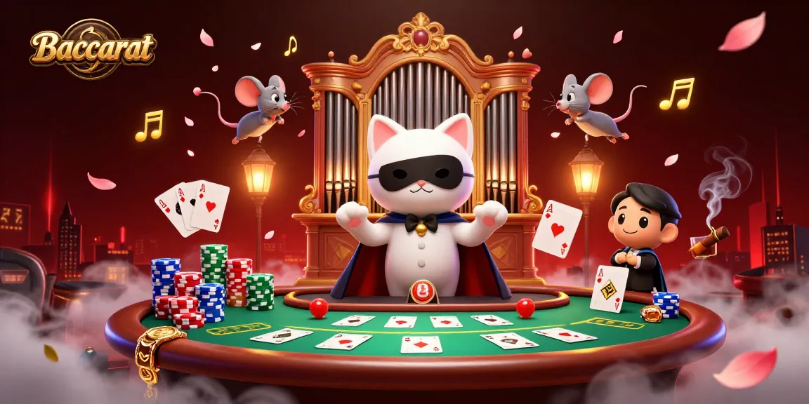 Baccarat game featuring a masked cat and acrobat in a vibrant casino scene with poker elements.
