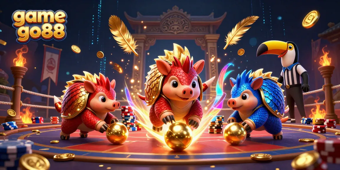 Experience game go88 with rival pangolins battling in a vibrant, animated casino arena.