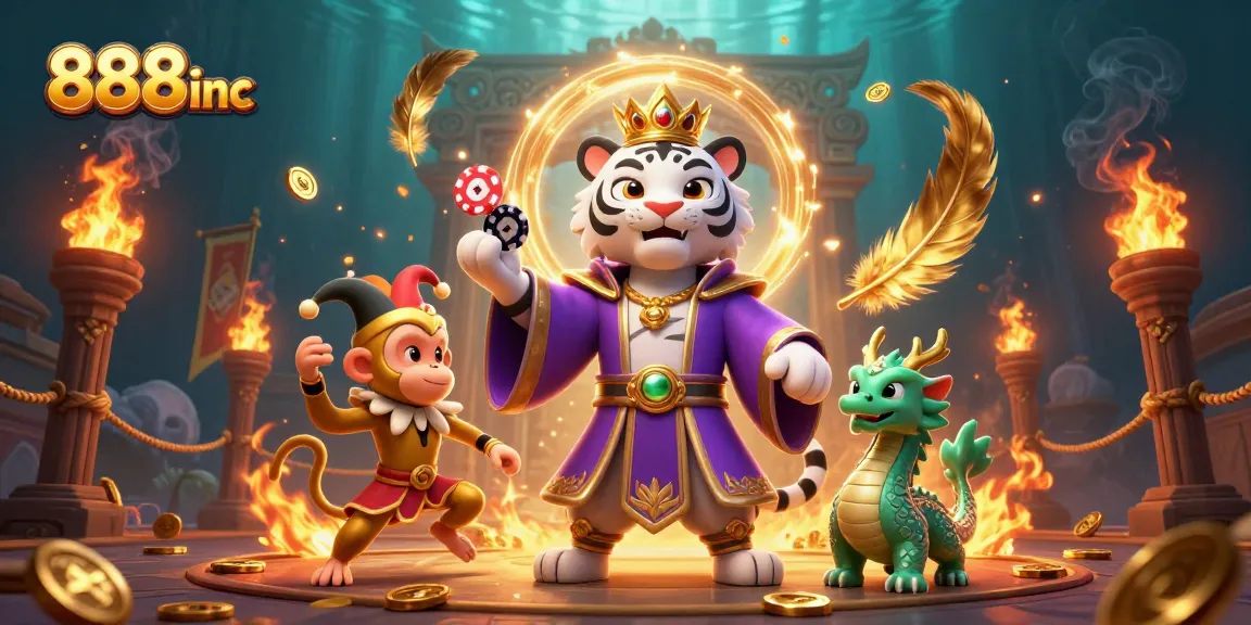 Join the playful action at 888inc, where a tiger and monkey celebrate casino wins!