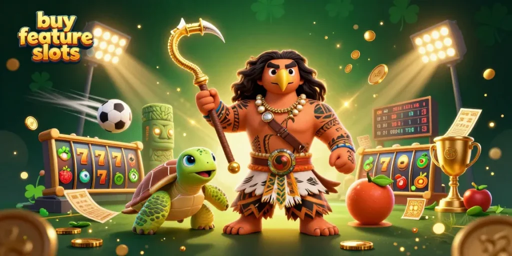Experience thrilling buy feature slots with colorful character action and vibrant gaming elements.