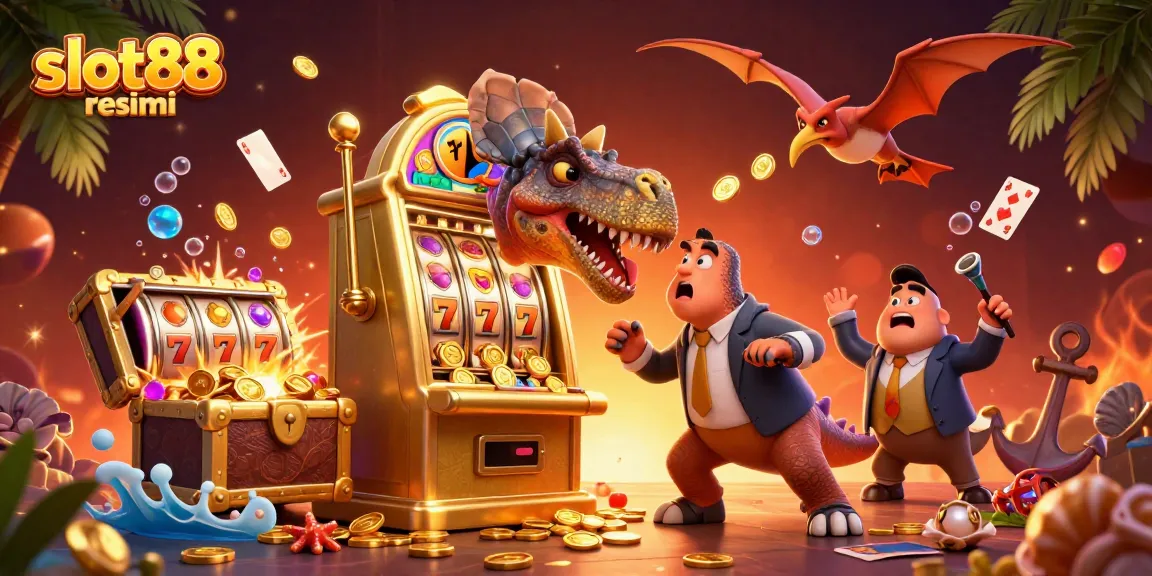 Experience the excitement at slot88 resmi with a dynamic scene of dinosaurs, slot machines, and flying coins.