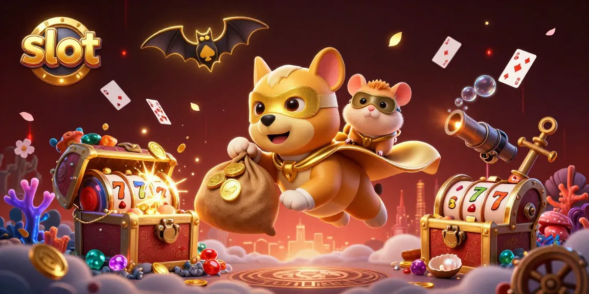 Slot menarik dengan pahlawan anjing mengumpulkan koin emas dan simbol chip poker yang bersinar.