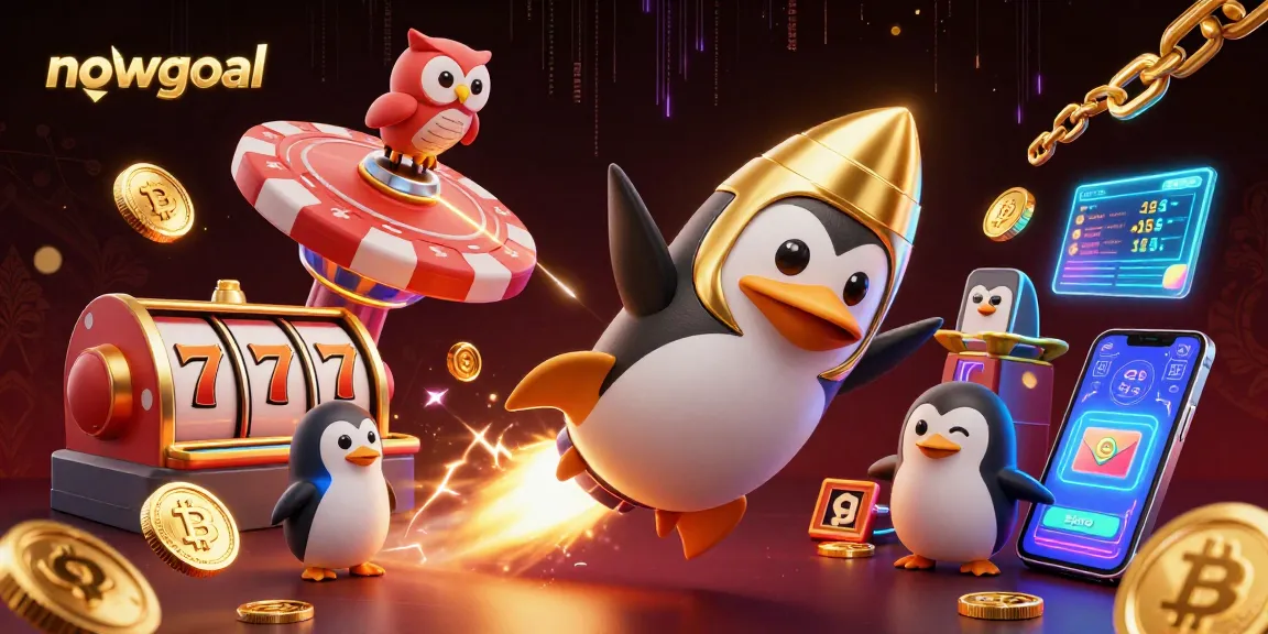 Experience nowgoal's vibrant gaming scene with a golden penguin racing through a cosmic casino environment.