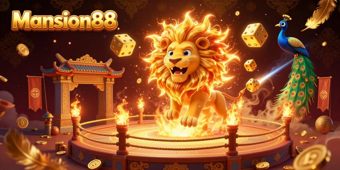 Engage with the exciting world of Mansion88 featuring vibrant scenes of casino action, golden dice, and a roaring lion.