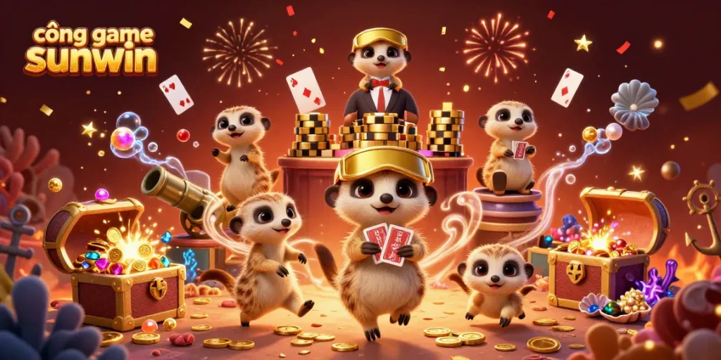 Experience the thrill of cổng game sunwin with playful meerkats in a vibrant casino scene.