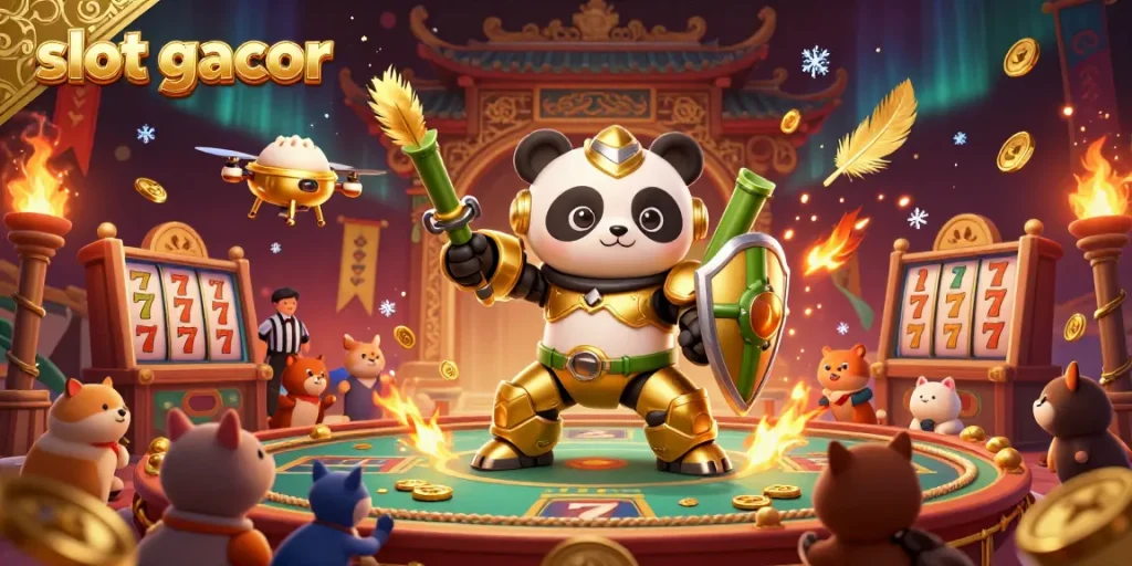 Experience the thrill with slot gacor as a golden panda battles in a vibrant 3D casino arena.