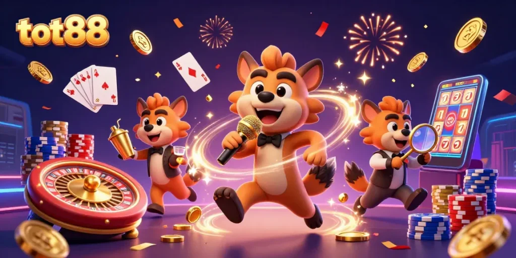 Enjoying casino entertainment with tot88 featuring playful hyenas in a dynamic comedy club scene.