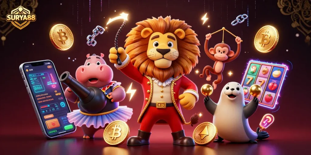 SURYA88 entices players to join vibrant casino game action with dynamic characters and cryptocurrency elements.