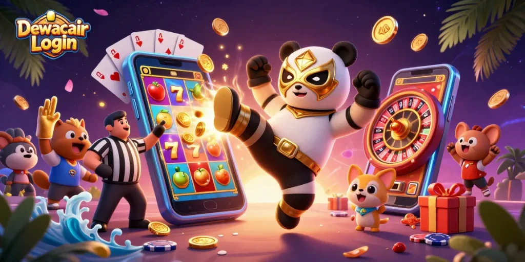 Dewacair Login showcases a thrilling 3D illustration of a panda wrestler kicking, surrounded by fun casino-themed elements.